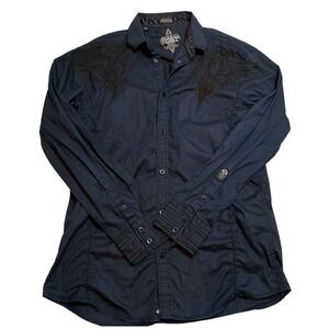 ROAR Mens Black Embroidered Long Sleeve Button Up Shirt Strength Refined Size M